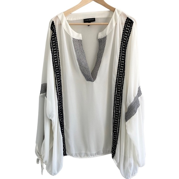 LANE Bryant Sheer Embroidered Accents Bubble Sleeve Elastic Hem Peasant Top 26 - Picture 1 of 13